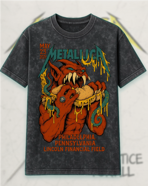 Metallica M72 Philly 2025 Red Devil Acid Wash T-Shirt, Hoodie – Night 1 Poster Art Reissue (May 23, Lincoln Financial Field)