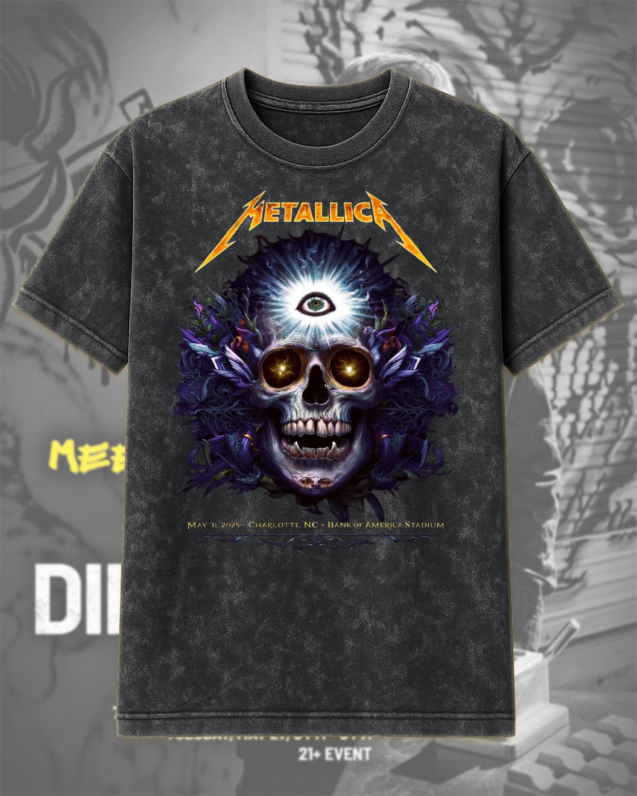 Metallica M72 Charlotte 2025 – Two-Sided Venue Acid Wash T-Shirt & Hoodie (Bank of America Stadium, NC – May 31)