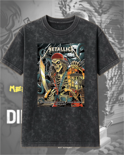 Metallica Pirate Skeleton Acid Wash T-Shirt – Raymond James Stadium Tampa, Florida – June 8, 2025