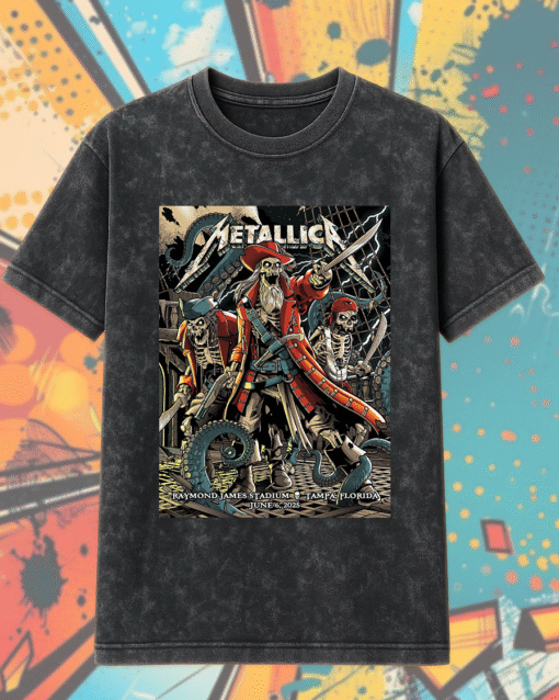 Metallica M72 Tampa 2025 Tour Shirt or Hoodie – Andrew Cremeans Pirate Artwork, Vintage Acid Wash