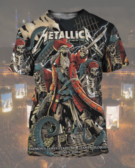 Metallica Pirate Skeleton AOP T-Shirt – Tampa Florida Concert 2025 Tour Tee