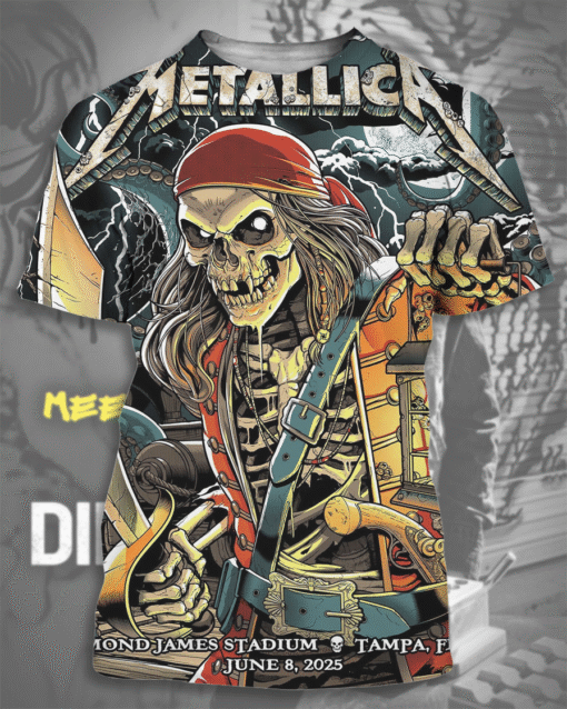 Metallica Pirate Skeleton All Over Print T-Shirt – Raymond James Stadium Tampa, Florida – June 8, 2025