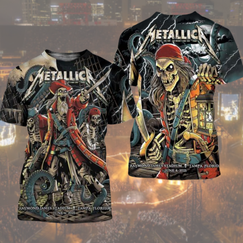 Metallica M72 Tampa 2025 Night 1 And 2 Venue Poster Combined In Tampa Florida At Raymond James On June 6 And 8 2025 The Pirate Skeletons Art Two Sided All Over Print Shirt