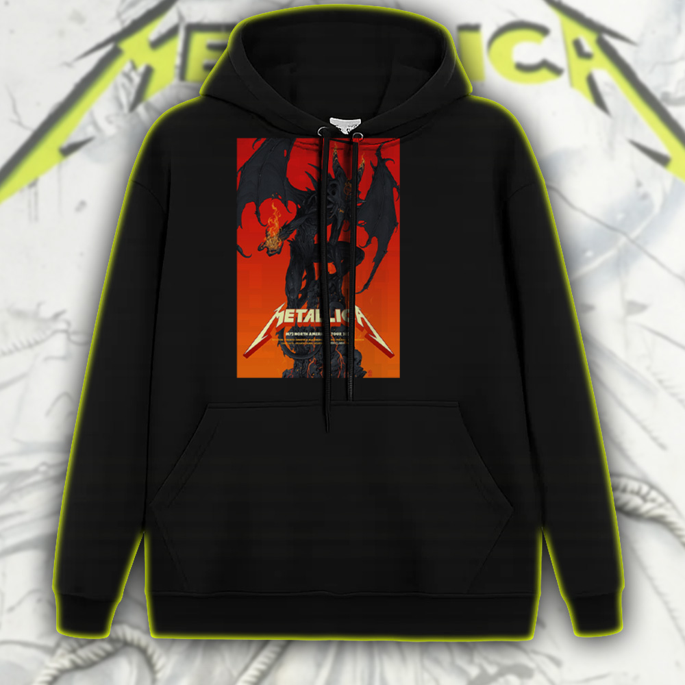 metallica m72 tour 2025 hoodie black demon fire design us cities collectors edition