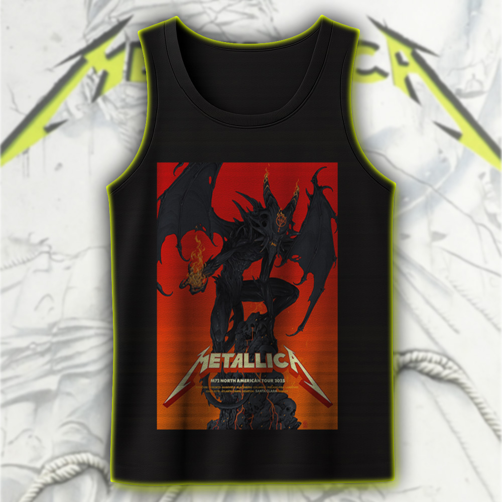 metallica m72 tour 2025 tank top burning demon design north american cities edition